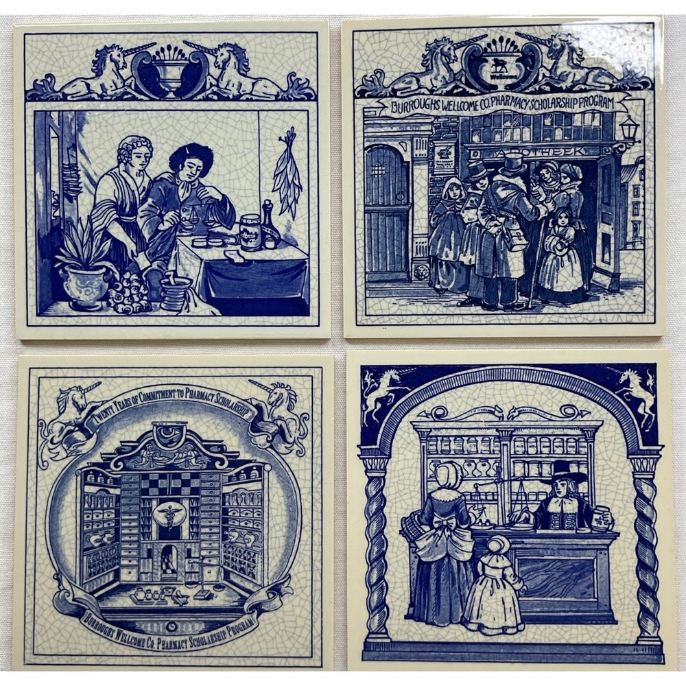 Delft Holland Tiles Handmade Schoonhoven Burroughs Ceramic set of 4 90s